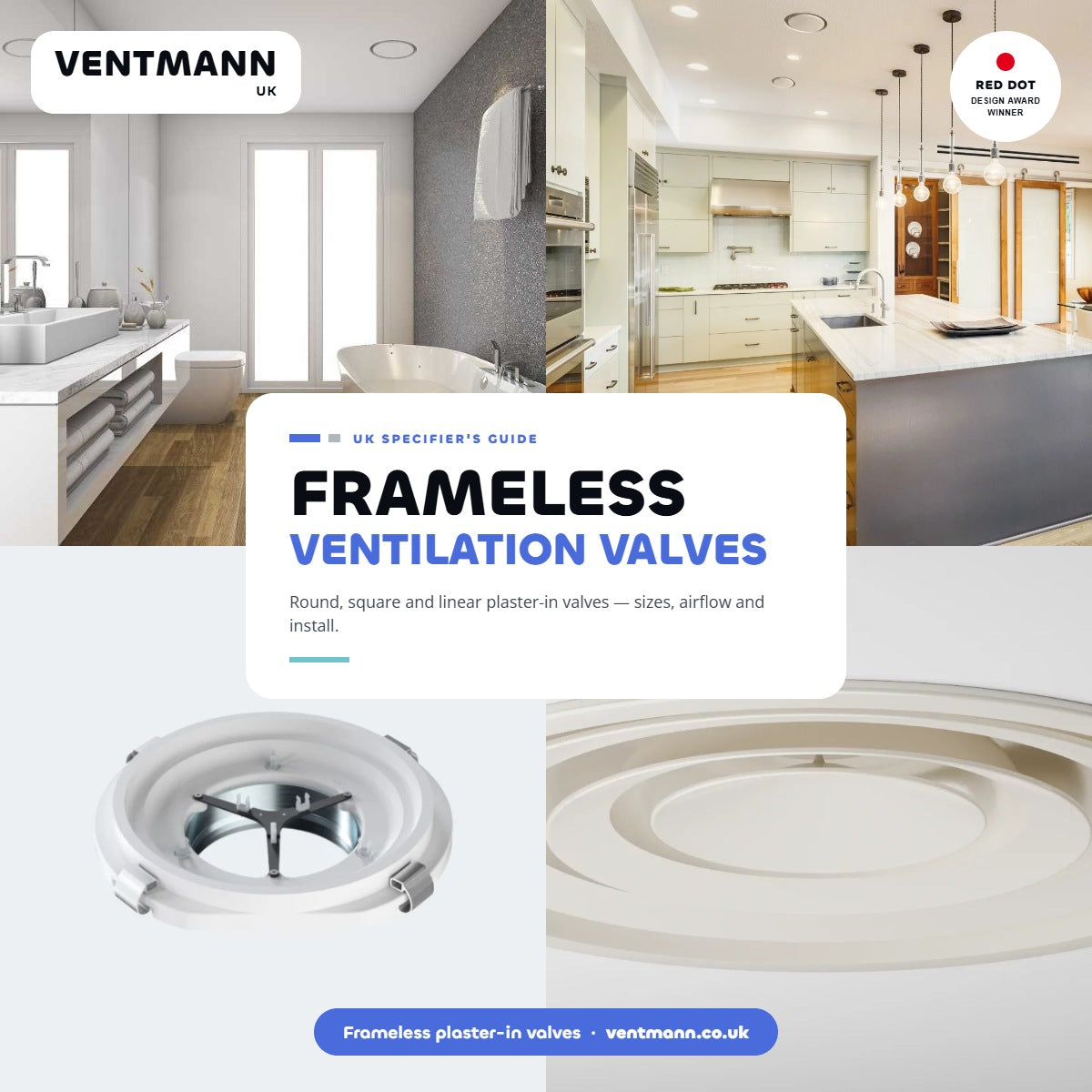 Frameless ventilation valves by Ventmann UK - plaster-in round air valves in a bathroom and kitchen ceiling, with the valve body and finished face