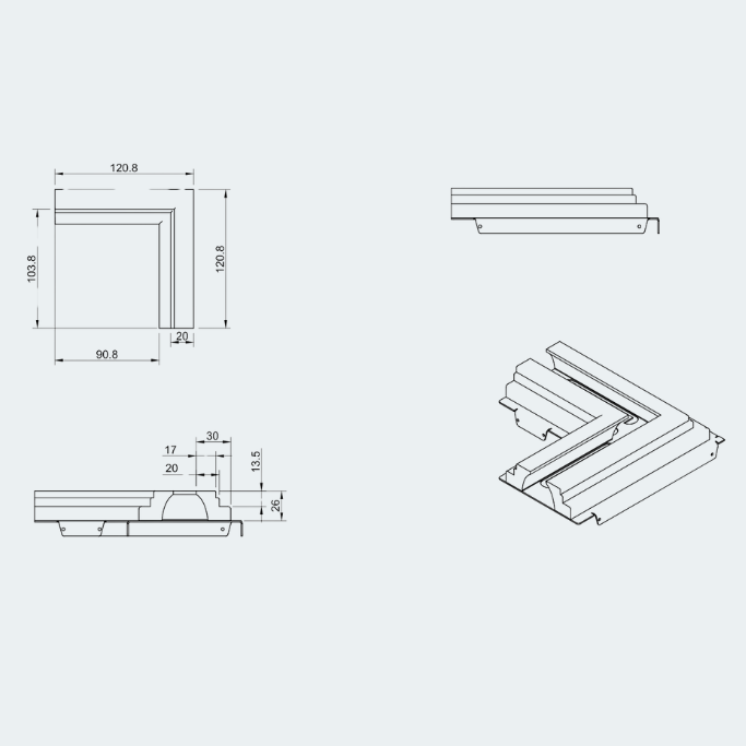 PLINE 1/2/3 Slot 20mm Corner Diffuser, 90 Degree