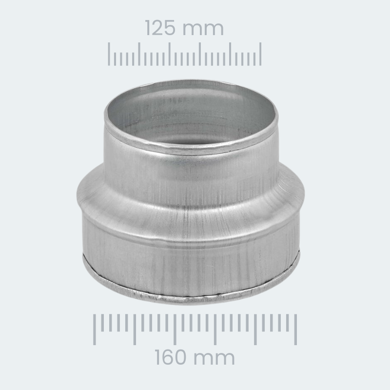 Pressed Metal Ducting Reducer - Galvanised Steel - 160mm to 125mm - Ventmann UK